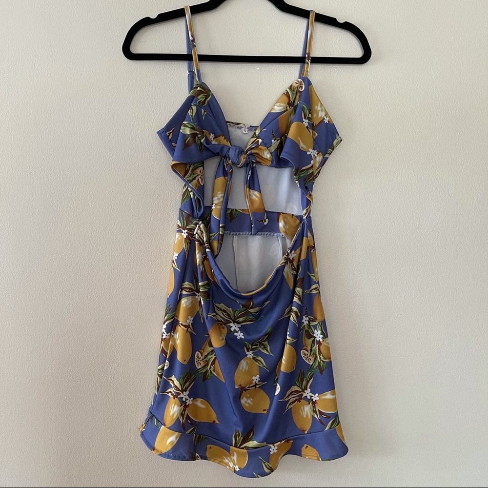 Lemon Pattern Purple Tie Cutout dress